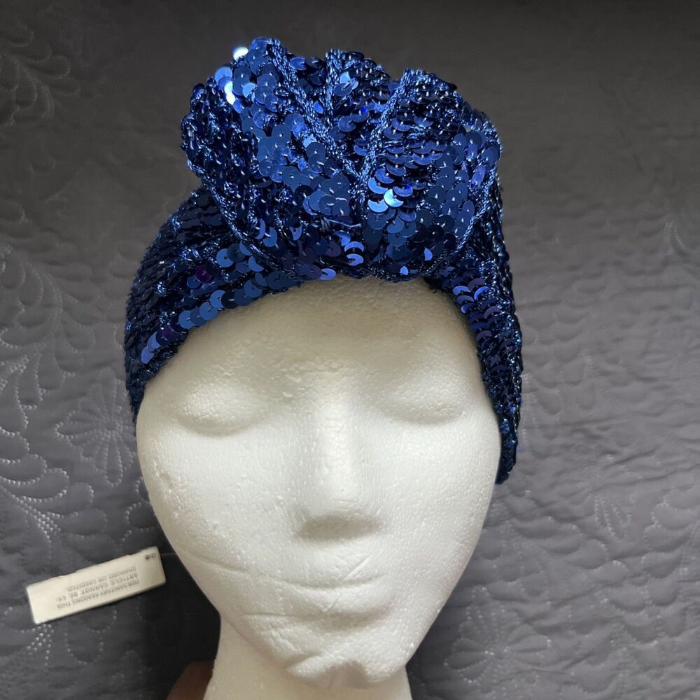 Vintage 1980s Royal Blue Sequin Top-Knot Wide Headband Cuffiet Glam Rock Chic